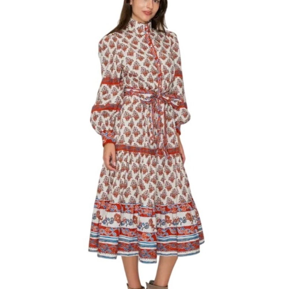 Love Wednesday Savanna BlockPrint Midi Dress Orange Ivory Blue Medium cotton - Picture 2 of 13